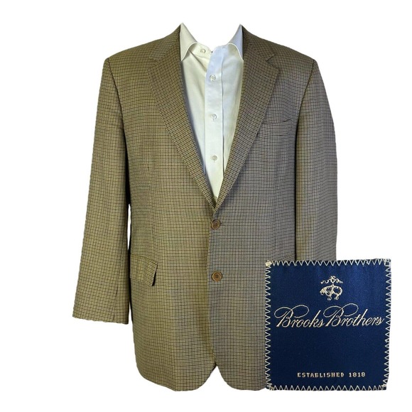 Brooks Brothers 1818 Italy Sport Coat Blazer Mens 43r Beige Brown Check Wool